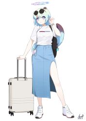 1girl absurdres aqua_hair backpack bag black_bag blue_archive blue_eyes blue_halo blue_skirt breasts cellphone earbuds earphones eyewear_on_head gradient_eyes gradient_hair gradient_halo halo hand_on_handle handle highres holding holding_earbud holding_suitcase looking_at_viewer medium_breasts mona_kkkk multicolored_eyes multicolored_hair multicolored_halo open_mouth phone removing_earbuds rolling_suitcase round_eyewear shigure_(blue_archive) shirt shoes short_sleeves skirt smartphone smartphone_in_legwear solo suitcase sunglasses watch white_background white_shirt white_shoes wristwatch