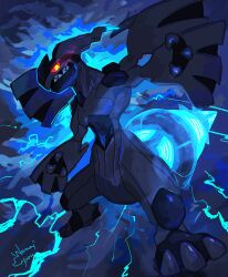 absurdres animal_focus blue_background blue_theme claws colored_sclera electricity gen_5_pokemon glowing glowing_eyes glowing_tail highres legendary_pokemon narumi_hyou nintendo no_humans pokemon pokemon_(creature) red_sclera sharp_teeth solo teeth yellow_eyes zekrom zekrom_(overdrive)