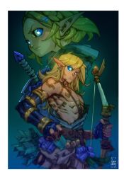 1boy 1girl archaic_set_(zelda) blue_eyes body_markings bow_(weapon) braid crown_braid green_tunic highres link looking_at_viewer ludolullabi master_sword nintendo pointy_ears princess_zelda ross_the_redx serious simple_background standing the_legend_of_zelda the_legend_of_zelda:_tears_of_the_kingdom toned toned_male tunic weapon