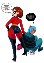 1boy 1girl artist_name ass back bag balaclava bodysuit brown_eyes brown_hair curvy domino_mask elastigirl hand_on_own_hip handbag high_heels highres looking_back mask red_hair robbery sitting smile sonchapo speech_bubble standing stretched_limb superhero_costume the_incredibles torn_mask white_background