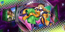 Rule 34 | 1girl, blonde hair, boots, breasts, brown hat, closed mouth, commentary, constellation print, cushion, detached sleeves, door, english commentary, game cg, green skirt, hat, highres, large breasts, long hair, long sleeves, looking at viewer, matara okina, official art, orange sleeves, orange tabard, purple boots, rotte (1109), skirt, smile, solo, sun print, tabard, third-party source, touhou, touhou lostword, wide sleeves, yellow eyes