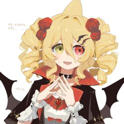1girl bat_wings belt_collar bilibili_33170499 blonde_hair chinese_text collar commentary_request drill_hair embarrassed flower gem hair_flower hair_ornament hairclip heterochromia highres indie_virtual_youtuber kaofish own_hands_together red_eyes red_gemstone short_hair simple_background solo steepled_fingers sweat twin_drills white_background wings wrist_cuffs yellow_eyes