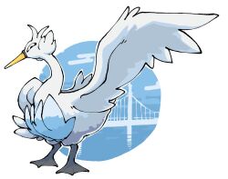 absurdres beak bird black_eyes bridge cloud commentary creatures_(company) english_commentary from_side full_body game_freak gen_5_pokemon highres looking_at_viewer nintendo no_humans pokemon pokemon_(creature) pokemon_focus pr_quote solo standing swanna white_background wings
