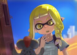 1girl backpack bag blue_sky braid collarbone desert earrings grey_shirt inkling inkling_girl inkling_player_character jewelry kaeru_(csit24) light_particles long_hair looking_at_another nintendo open_mouth pointy_ears shirt short_sleeves sky smallfry_(splatoon) splatoon_(series) splatoon_3 yellow_eyes