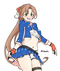 1girl akigumo_(kancolle) akigumo_kai_ni_(kancolle) akigumo_kai_ni_(race_queen)_(kancolle) bandeau blue_jacket breasts brown_hair checkered_clothes cowboy_shot cropped_jacket fingerless_gloves gloves green_eyes hamuno highres jacket kantai_collection long_hair medium_breasts midriff mole mole_under_eye multicolored_gloves navel official_alternate_costume one-hour_drawing_challenge orange_gloves partially_fingerless_gloves ponytail race_queen shorts shorts_under_skirt simple_background solo sweat two-tone_bandeau white_background white_bandeau white_shorts