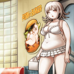 1girl bikini bikini_skirt breasts brown_eyes cleavage danganronpa_(series) danganronpa_2:_goodbye_despair fat fat_rolls fat_woman front-tie_bikini_top front-tie_top grey_hair highres holding indoors medium_breasts medium_hair miss-that-man mole mole_on_breast nanami_chiaki navel official_alternate_costume open_mouth plump solo spaceship_hair_ornament swimsuit white_bikini