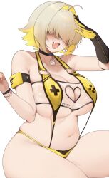 1girl :d absurdres arm_up bikini black_choker black_gloves blonde_hair breasts choker cleavage_cutout clothing_cutout curvy elegg_(boom_and_shock)_(nikke) elegg_(nikke) f7k_x5 fang gloves goddess_of_victory:_nikke hair_over_eyes heart_cutout highres huge_breasts navel official_alternate_costume open_mouth plump simple_background sitting smile solo stomach suspenders swimsuit white_background yellow_bikini