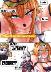 3girls ? absurdres armband armor autodefenestration bandage_on_face bandages blonde_hair blush breasts broken_glass cleavage collarbone commentary crossed_arms curled_up drake_(nikke) embarrassed english_commentary glass gloves goddess_of_victory:_nikke hair_between_eyes head-mounted_display highres horns idw_shikikan jacket jitome jumping laplace_(nikke) leotard long_hair long_sleeves looking_at_viewer matis_(nikke) maxwell_(nikke) multiple_girls muscular open_mouth parted_hair pauldrons red_eyes shirt shoes short_hair shoulder_armor simple_background sleeveless sleeveless_shirt sports_bra sweat twintails white_background white_hair