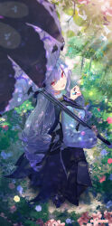 1girl absurdres black_nails black_skirt dappled_sunlight dress drill_hair flower from_above highres holding holding_umbrella long_hair long_sleeves looking_at_viewer looking_up mole mole_under_eye nail_polish purple_hair red_eyes rswifhand shrug_(clothing) skirt smile solo sunlight umbrella vivian_banshee white_dress white_shrug zenless_zone_zero