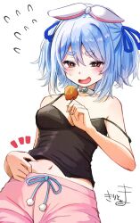 Rule 34 | 1girl, animal ears, bare arms, bare shoulders, black camisole, blue hair, blue ribbon, blush, breasts, brown eyes, camisole, commentary request, flying sweatdrops, food, hair ribbon, highres, holding, holding food, hololive, kiritoma, medium breasts, midriff peek, navel, open mouth, pink shorts, rabbit-shaped pupils, rabbit ears, ribbon, short eyebrows, shorts, signature, simple background, small sweatdrop, solo, strap slip, sweat, symbol-shaped pupils, thick eyebrows, two side up, usada pekora, virtual youtuber, white background