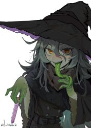 1girl absurdres belt black_dress brown_eyes colored_skin colored_tongue commentary dress english_commentary frog_girl gradient_skin green_skin green_tongue grey_hair grey_skin hair_between_eyes hat highres holding holding_potion holding_vial horizontal_pupils licking_own_finger liimonchi long_hair long_sleeves long_tongue looking_at_viewer messy_hair orange_eyes original potion remy_(seihai) saliva second-party_source simple_background solo teeth tongue tongue_out twitter_username upper_body upper_teeth_only vial white_background wide_sleeves witch witch_hat