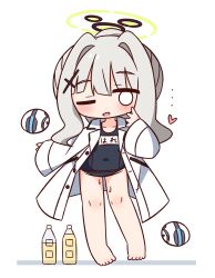 ... 1girl ;d bare_legs barefoot black_one-piece_swimsuit blue_archive blush bottle chibi coat full_body grey_hair hair_intakes halo hana_kazari hare_(blue_archive) heart highres long_hair long_sleeves o_o old_school_swimsuit one-piece_swimsuit one_eye_closed open_clothes open_coat open_mouth robot school_swimsuit sidelocks sleeves_past_wrists smile solo standing swimsuit swimsuit_under_clothes white_background wide_sleeves