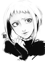 1girl chouko_(waru) greyscale lazy_eye light_smile looking_at_viewer monochrome original parted_lips short_hair simple_background solo star_(symbol) star_in_eye symbol_in_eye upper_body