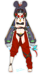1girl absurdres alternate_costume animal_hood asymmetrical_legwear bikini black_bikini black_hair breasts cleavage crossed_arms full_body hakos_baelz haruyama_kazunori highres hololive hololive_english hood looking_at_viewer medium_breasts mismatched_legwear mouse_girl multicolored_hair nail_polish navel pants red_hair red_nails red_pants sharp_teeth smile solo standing swimsuit teeth thighs toenail_polish toenails virtual_youtuber white_hair