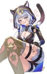1girl absurdres animal_ears animal_hood ass black_leotard blue_eyes boots breasts cat_ears cat_girl cat_hood cat_tail cipher_(honkai:_star_rail) cleavage crossed_legs gold_boots grey_hair highres honkai:_star_rail honkai_(series) hood large_breasts leotard mole mole_on_breast rua_(rua0007113) short_hair_with_long_locks shorts simple_background solo tail thighs white_background white_shorts