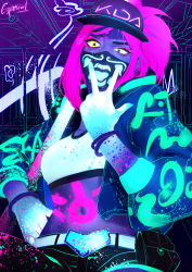 1girl akali asymmetrical_legwear baseball_cap belt bracelet breasts crop_top cunnilingus_gesture female_focus glowing hat highres inverted_colors jacket jewelry k/da_(league_of_legends) k/da_akali league_of_legends long_sleeves looking_at_viewer mask midriff monochrome mouth_mask navel neon open_clothes pants pouch solo sparrowl ultraviolet_light uneven_legwear yellow_eyes