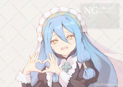 1girl alternate_costume atoatto azura_(fire_emblem) blue_hair commentary_request fire_emblem fire_emblem_fates furrowed_brow hair_between_eyes heart heart_hands long_hair looking_at_viewer nintendo open_mouth solo upper_body watermark watermark_grid