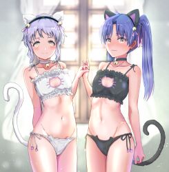 2girls animal_cutout animal_ears bell black_bra black_choker black_panties blue_hair blurry blurry_background blush bra brown_eyes cat_cutout cat_ear_panties cat_ears cat_lingerie cat_tail choker cleavage_cutout closed_mouth clothing_cutout collarbone cowboy_shot fake_animal_ears fake_tail flat_chest frilled_bra frills groin hair_bell hair_ornament hakubaru holding_hands idolmaster idolmaster_(classic) idolmaster_million_live! indoors jingle_bell kisaragi_chihaya looking_at_viewer makabe_mizuki meme_attire multiple_girls navel neck_bell panties purple_hair short_hair side-tie_panties sidelocks smile stomach tail twintails underwear underwear_only wavy_mouth white_bra white_choker white_panties window yellow_eyes
