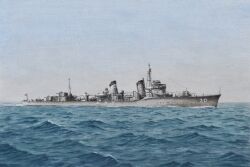 absurdres acrylic_paint_(medium) atelier_bono cannon cloud cloudy_sky grey_sky gunboat highres imperial_japanese_navy mast no_humans ocean original painting_(medium) ship_turret sky smokestack traditional_media vehicle_focus watercraft weapon