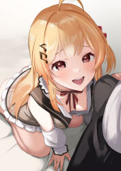 1boy 1girl :d ahoge arou_(arrow_x666) ass beamed_eighth_notes black_pants blonde_hair breasts brown_dress brown_eyes brown_sailor_collar bulge buttons cleavage commentary double-breasted double-parted_bangs dress eighth_note erection erection_under_clothes fortissimo hair_ornament hair_ribbon hairclip hetero highres hololive hololive_dev_is kneeling long_hair long_sleeves musical_note musical_note_hair_ornament neck_ribbon one_side_up open_mouth otonose_kanade otonose_kanade_(1st_costume) pants plaid_clothes plaid_dress red_ribbon ribbon sailor_collar shirt shirt_tucked_in sidelocks small_breasts smile solo teeth upper_teeth_only virtual_youtuber white_shirt