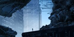 Rule 34 | 1girl, abandoned, absurdres, arufa7ray, blue sky, blue theme, bridge, city, cityscape, concept art, day, highres, no humans, original, power lines, ruins, scenery, sky, very wide shot