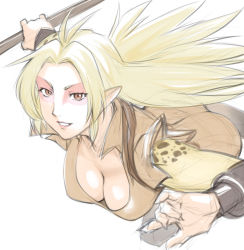 1girl alien animal_print antenna_hair breasts brown_eyes cheetara cleavage downblouse female_focus grin long_hair looking_at_viewer medium_breasts pointy_ears sketch smile solo staff thundercats ueyama_michirou white_background