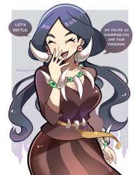 1girl black_hair blush bracelet breasts brown_shirt brown_skirt cleavage closed_eyes drasna_(pokemon) earrings highres jewelry large_breasts long_hair mature_female necklace nintendo open_mouth pokemon pokemon_xy shirt skirt smile solo tooth_earrings tooth_necklace touyarokii
