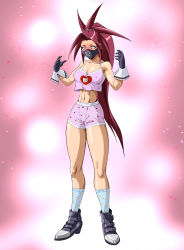 Rule 34 | 1girl, absurdres, animal print, armpits, artist request, black mask, blush, boots, bow camisole, boyshort panties, breasts, camisole, capcom, cat print, character name, cleavage, unworn clothes, covered erect nipples, delinquent, duck print, embarrassed, eyelashes, female focus, full body, gloves, gradient background, groin, hands up, heart, heart print, highres, himezaki aoi, justice gakuen, legs, long hair, looking down, mask, matching underwear, medium breasts, midriff, moero! justice gakuen, mouth mask, name tag, navel, neck, panties, parted bangs, pink camisole, pink panties, ponytail, print camisole, print panties, print socks, purple eyes, red hair, shiny clothes, shiny skin, sidelocks, socks, spiked hair, standing, thighs, tsundere, underwear, underwear only, very long hair