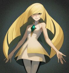 Rule 34 | 1girl, bare shoulders, blonde hair, cowboy shot, dress, green eyes, highres, long hair, looking at viewer, lusamine (pokemon), nakikot t, nintendo, parted lips, pokemon, pokemon sm, sleeveless, sleeveless dress, smile, solo, white dress