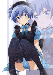 1boy absurdres ansatsu_kyoushitsu apron black_apron black_headdress black_shoes black_thighhighs blue_bow blue_bowtie blue_eyes bow bowtie chiyu_(bokunopiko) crossdressing dress frills high_heels highres maid maid_apron maid_day maid_headdress male_focus panties panty_peek puffy_short_sleeves puffy_sleeves shiota_nagisa shoes short_dress short_sleeves simple_background solo thighhighs trap underwear white_panties