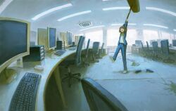 &gt;_&lt; 1girl black_footwear blue_jacket blue_pants bob_cut ceiling_light chair commentary_request computer_keyboard day explosion fisheye fjsmu full_body hammer high_heels highres holding holding_hammer huge_weapon indoors jacket light_blush medium_hair monitor no_shoes office office_lady open_mouth original pants scenery shirt shirt_tucked_in socks standing standing_on_one_leg sunlight weapon white_shirt white_socks wide_shot