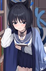 1girl absurdres animal_ears black_eyes black_hair black_nails blue_archive blue_halo blue_sailor_collar blue_skirt book breasts cat_ears cat_girl cat_tail cleavage closed_mouth commentary_request halo highres holding holding_book indoors kikyou_(blue_archive) kurone_(kurone_ryuo) library miniskirt nail_polish nekomata pleated_skirt revision sailor_collar sailor_shirt school_uniform serafuku shirt short_hair skirt small_breasts solo tail white_shirt