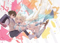 1boy 1girl angel angel_wings ass ba_kanoko backpack bag blonde_hair blue_halo breast_focus breasts brown_hair cleavage halo high_heels highres large_breasts mature_female official_art patch school_uniform short_hair shuumatsu_no_hanayome-sama white_background white_sneakers wings