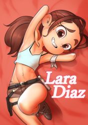 1boy armpits bare_arms bare_shoulders belt belt_buckle brown_eyes brown_hair buckle cosplay crop_top crossdressing highres kaze_fukeba_nanashi lara_croft lara_croft_(cosplay) long_hair lying male_focus marco_diaz mole mole_under_eye navel on_back panties pinup_(style) ponytail short_shorts shorts solo star_vs_the_forces_of_evil teeth tomb_raider toon_(style) trap underwear