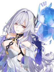1girl absurdres bare_shoulders breasts cleavage detached_sleeves dress drill_hair genshin_impact hair_ornament highres large_breasts long_hair red_eyes simple_background skirk_(genshin_impact) solo twitter_username uiui228179 white_background white_dress white_hair