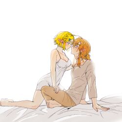 1boy 1girl aqua_eyes assertive_female barefoot bed_sheet big_egg526 blush braid breasts brown_pants couple crown_braid dress earrings green_eyes grey_shirt hair_between_eyes hair_ornament hair_tie hairclip hand_on_another&#039;s_leg hand_on_another&#039;s_shoulder hetero highres imminent_kiss indian_style jewelry lingerie link long_sleeves low_ponytail medium_breasts medium_hair nintendo on_bed pants parted_bangs pointy_ears ponytail princess_zelda shirt short_dress short_hair sidelocks sitting sleeveless sleeveless_dress sweatdrop the_legend_of_zelda the_legend_of_zelda:_breath_of_the_wild twitter_username underwear white_background white_negligee wide-eyed