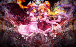 2girls asu_hare bat_wings blonde_hair blood_on_clothes blouse blue_hair blurry boots bukotsu_tanren chromatic_aberration depth_of_field female_focus fingernails flandre_scarlet hair_between_eyes hat highres holding_hands indoors long_fingernails mob_cap multiple_girls nail_polish pink_boots pink_shirt red_eyes red_nails remilia_scarlet shirt siblings sisters socks symmetry third-party_edit touhou wings
