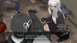 1other 2girls black_hair blue_eyes button_prompt chair dialogue_options drone fake_screenshot hair_ribbon highres lanyard long_hair lost_property_control_organization_(samidare) multiple_girls original paper protagonist_(lost_property_control_organization) reverse_grip ribbon samidare_(hoshi) shiraishi_rei_(samidare) short_hair slug t-6407j_(samidare) translated white_hair white_ribbon