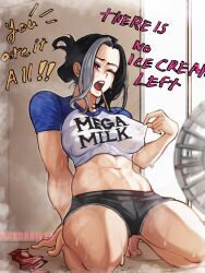 Rule 34 | 1girl, black hair, breasts, crop top, electric fan, english text, highres, kneeling, large breasts, makdraw25, mega milk, midriff, multicolored hair, no bra, one eye closed, open mouth, original, red eyes, short shorts, shorts, solo, stomach, streaked hair, sweat, sweaty clothes, thighs, wet, wet clothes