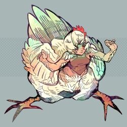 arcadechan bird breasts brown_shirt chicken freckles full_body grey_background harpy highres monster_girl shirt short_hair simple_background small_breasts solo standing white_hair wings yellow_eyes