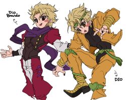 1boy :d armor arrow_(symbol) belt birthmark black_leotard blonde_hair blush boots character_name chibi claw_pose comparison cropped_jacket crotch_cutout dio_brando ear_birthmark english_text fu_r_y gold_boots green_belt green_headband headband highres jacket jojo_no_kimyou_na_bouken knee_up leotard looking_at_viewer male_focus medium_hair multiple_views open_mouth outline outstretched_arms pants phantom_blood purple_scarf red_eyes red_pants red_shirt scarf shirt sketch smile spread_arms stardust_crusaders two-tone_pants vampire white_background white_outline yellow_eyes yellow_jacket yellow_pants