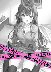 Rule 34 | 1girl, absurdres, black thighhighs, blush, censored, highres, indoors, lifting own clothes, long hair, long sleeves, looking at viewer, momoko (momopoco), novel illustration, official art, on bed, open mouth, shirt, sitting, skirt, smile, solo, suou yuki, thighhighs, tokidoki bosotto roshia-go de dereru tonari no alya-san, wariza