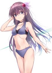 Rule 34 | 1girl, alternate costume, bikini, black choker, breasts, brown hair, choker, cleavage, cowboy shot, hair ornament, highres, kantai collection, kisaragi (kancolle), layered bikini, long hair, medium breasts, minosu, purple bikini, purple eyes, solo, swimsuit, white background