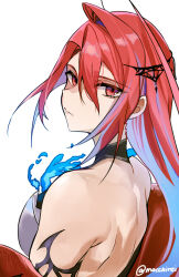 1girl ahoge backless_dress backless_outfit bare_back bare_shoulders colored_inner_hair double-parted_bangs dress elizabeth_rose_bloodflame fire_on_chest hair_between_eyes hair_ornament halterneck hololive hololive_english long_hair looking_at_viewer macchirei multicolored_hair red_eyes red_hair simple_background single_hair_intake solo twitter_username virtual_youtuber white_background