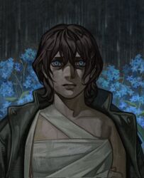 bandaged_torso black_coat blue_eyes brown_hair coat constricted_pupils flower forget-me-not_(flower) hair_between_eyes hand_on_own_arm highres looking_at_viewer open_clothes open_coat original rain short_hair silverheather surprised