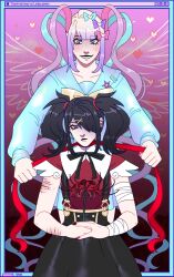 Rule 34 | 2girls, absurdres, ame-chan (needy girl overdose), arm injury, bandaged arm, bandages, black eyes, black hair, blonde hair, blue eyes, blue hair, blue serafuku, bow, chouzetsusaikawa tenshi-chan, collarbone, colored tips, drawn wings, dual persona, feathered wings, flower, gradient background, hair bow, hair ornament, hair over one eye, hands on lap, head tilt, heart, highres, holding, holding flower, holding ribbon, imminent attack, injury, lipstick, looking at another, makeup, multicolored hair, multiple girls, multiple hair bows, neck ribbon, needy girl overdose, pink hair, quad tails, ribbon, school uniform, serafuku, short twintails, sidelocks, sitting, skirt, spider lily, suspender skirt, suspenders, tempusumbra, twintails, upper body, window (computing), winged sleeves, wings, wrist cutting, x hair ornament