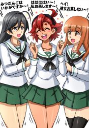 3girls ahoge alternate_costume black_eyes black_hair black_hairband black_neckerchief black_thighhighs blouse blunt_bangs closed_eyes commentary crossover girls_und_panzer green_skirt gundam gundam_suisei_no_majo hairband highres isuzu_hana long_hair long_sleeves looking_at_another miniskirt motion_lines multiple_girls neckerchief omachi_(slabco) ooarai_school_uniform open_mouth orange_eyes orange_hair pleated_skirt red_hair sailor_collar school_uniform serafuku shirt side-by-side simple_background skirt smile standing suletta_mercury takebe_saori tan thighhighs translated white_background white_sailor_collar white_shirt