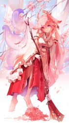 1girl absurdres animal_ears arm_at_side bare_shoulders barefoot breasts broom c: cherry_blossoms commentary crossed_bangs crossed_legs day detached_sleeves earrings falling_petals fox_ears fox_tail full_body genshin_impact hair_between_eyes hakama happyongdal highres holding holding_broom japanese_clothes jewelry long_hair looking_at_viewer medium_breasts multiple_tails petals pink_hair purple_eyes resolution_mismatch shide shirt smile solo source_larger sunlight symbol-only_commentary tail twitter_username white_shirt white_sleeves yae_miko