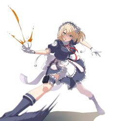1girl absurdres apron blonde_hair boots breasts centaureissi_(girls&#039;_frontline_2) commentary cup dress frilled_hairband frilled_thigh_strap frills g36_(girls&#039;_frontline) girls&#039;_frontline girls&#039;_frontline_2:_exilium gloves green_eyes grey_boots grey_dress grey_hairband hairband highres holding holding_tray large_breasts looking_to_the_side motion_blur neck_ribbon open_mouth plasbott puffy_short_sleeves puffy_sleeves red_ribbon ribbon shadow short_sleeves simple_background solo spread_legs standing symbol-only_commentary tea teacup thigh_strap tray waist_apron white_apron white_background white_gloves wide_spread_legs