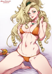 1girl artist_name asymmetrical_hair bikini blonde_hair braid breasts dated freckles gemma_(monster_hunter_wilds) highres jewelry kneeling long_hair looking_at_viewer mina_cream mole mole_on_breast monster_hunter_(series) monster_hunter_wilds necklace orange_bikini smile solo swimsuit thighs